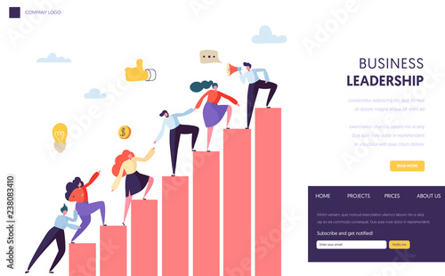 Business Leader Help Team Reaching Up Website. People Climbing Up the Graph. Career Ladder with Characters. Teamwork, Partnership Concept for Website or Web Page. Flat Cartoon Vector Illustration