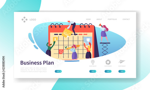 Business Calendar Plan Landing Page Template. Schedule Concept with Characters Working with Planner. Flat People Teamwork with Timetable for Website or Web Page. Flat Cartoon Vector Illustration