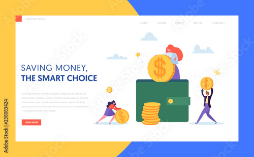 Coin in Wallet Online Cash Landing Page. Woman Putting Dollar to Safe Case. Online Saving and Payment Concept for Website or Web Page. Flat Cartoon Vector Illustration