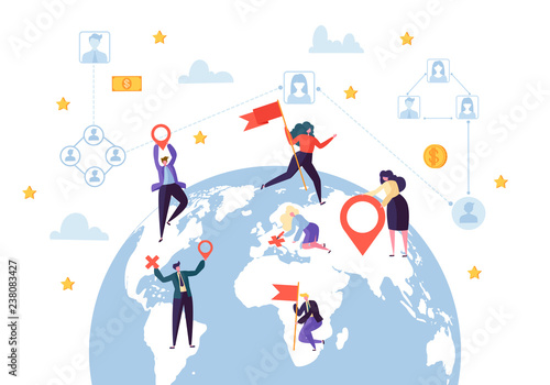 Global Business Social Profile Connection. Worldwide Businessman Communication Network Concept. Earth Globe Design. Flat Cartoon Vector Illustration