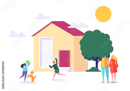 Happy Family Play at Home. Children and Parents stand near New House. Father, Mother, Son and Daughter Together Outdoors. Dream Lifestyle Concept. Flat Character Vector Illustration