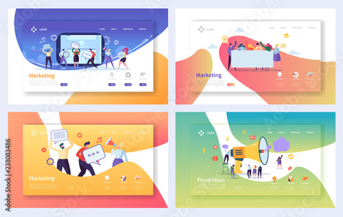 Digital Advertising Marketing Landing Page Set. Business Character Social Communication Concept. Online Media Strategy for Website or Web Page. Flat Cartoon Vector Illustration