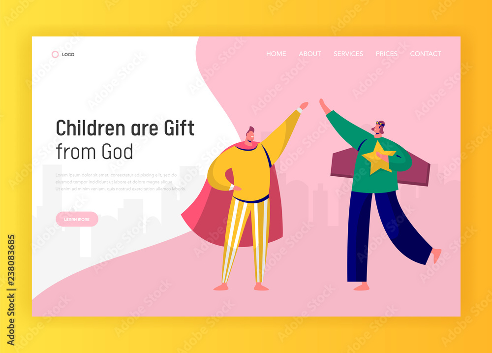 Children Play in Superhero Costume Landing Page. Happy Little Characters Friends from Elementary for Website or Web Page. Flat Cartoon Vector Illustration