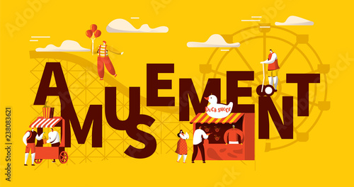 Amusement Park Banner Template with Place for Text. Pop-corn Store, Shooting Gallery and Clown on Circus Entertainment Concept Big Letter for Website or Landing. Flat Character Vector Illustration