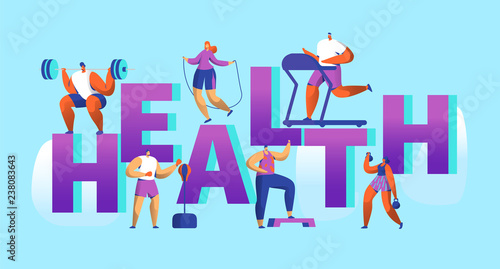 Healthy Lifestyle Sport Banner. Cardio Gym Training Characters Workout Concept for Poster Print. Man and Woman with Dumbbell. Flat Cartoon Vector Illustration