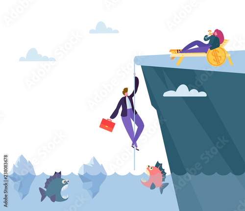 Hard Danger Way to Financial Prosperity. Businessman Climb Mountain above Sea with Predatory Fish to Find Money Bonanza. Flat Cartoon Vector Illustration