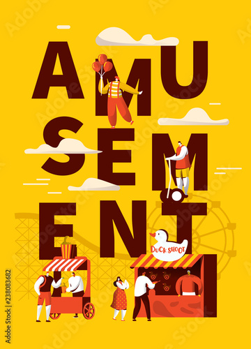 Amusement Park Attraction Mobile Landing Page Set. Pop-corn Store, Shooting Gallery and Clown on Carnival Entertainment Concept for Website or Web Page. Flat Character Vector Illustration