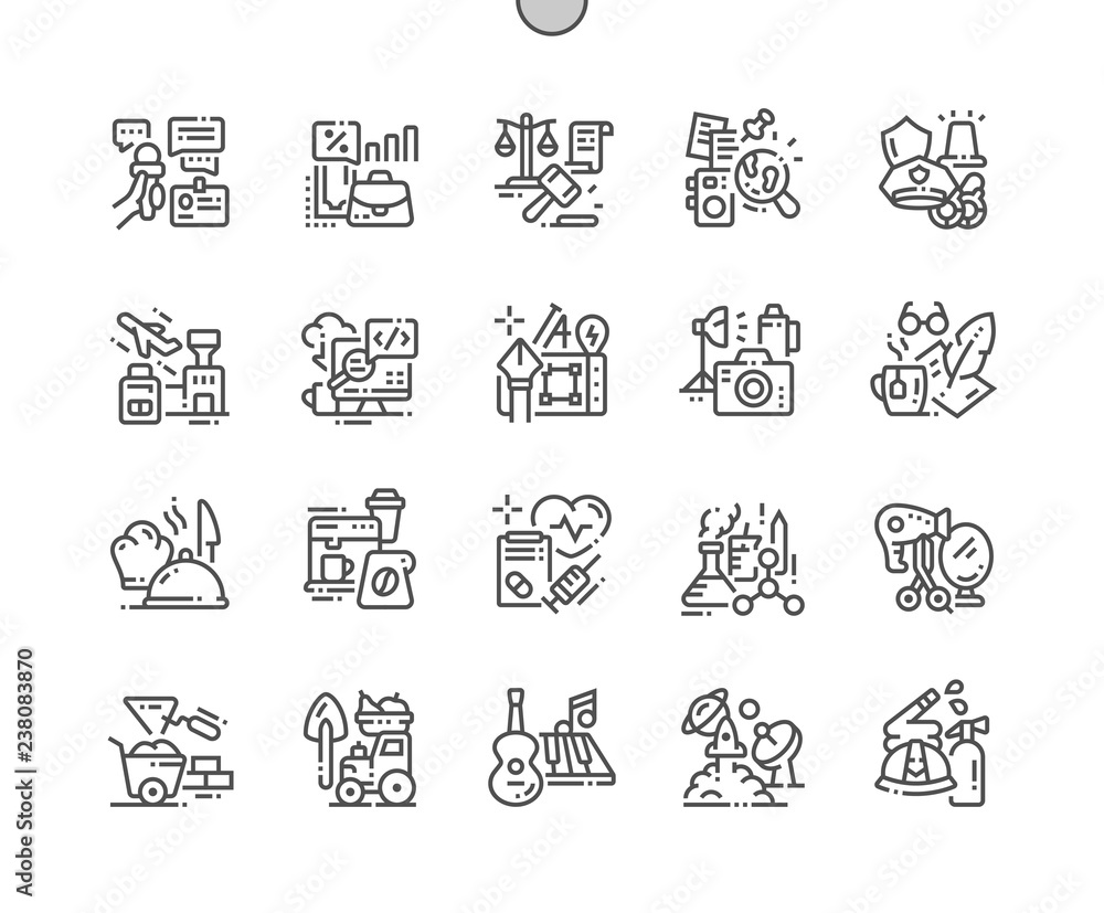 Professions Well-crafted Pixel Perfect Vector Thin Line Icons 30 2x Grid for Web Graphics and Apps. Simple Minimal Pictogram Professions Well-crafted Pixel Perfect Vector Thin Line Icons 30 2x Grid for Web Graphics and Apps. Simple Minimal Pictogram