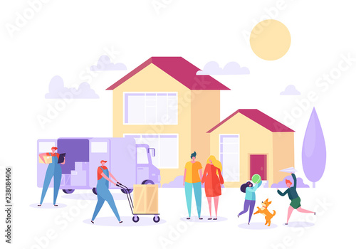 Home Move with Removal Porter Help. Happy Family Moving to new Home using Courier Sservice. Transportation Heavy Cargo. Flat Cartoon Vector Illustration