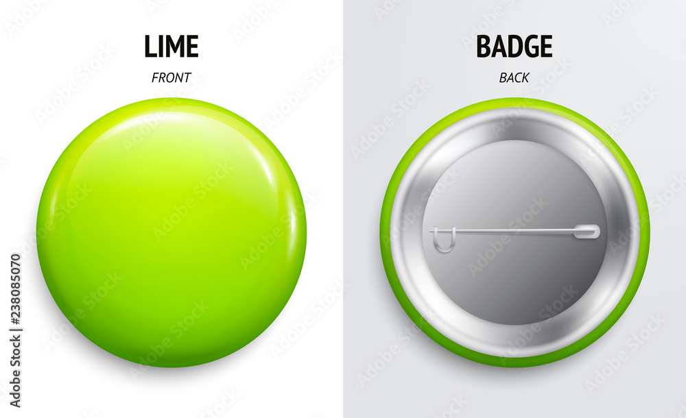 Blank lime glossy badge or button. 3d render. Round plastic pin, emblem, volunteer label. Front and Back Side. Vector.