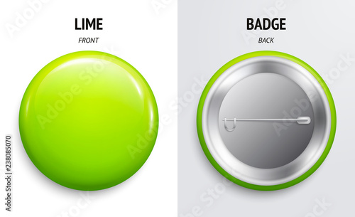 Blank lime glossy badge or button. 3d render. Round plastic pin, emblem, volunteer label. Front and Back Side. Vector.