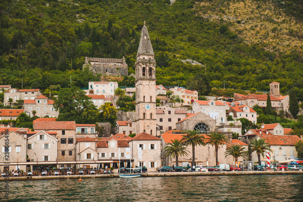 Naklejka premium view from sea to perast city in montenegro. summer vacation