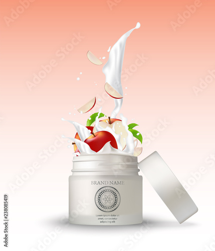 Cosmetic plastic jar with apple cream splashing. Isolated white background  mockup template. 3d cosmetic container for cream, powder or gel. Packaging design element.
