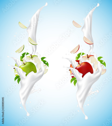Red and green apple set  splashing into milkshake. On the blue background. Falling slices. Packaging design.