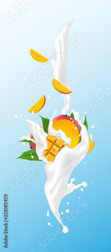 Mango Milk splash and Ice Cream. Good for web design and packaging. Fresh mango with vanilla ice splashing. Realistic 3d