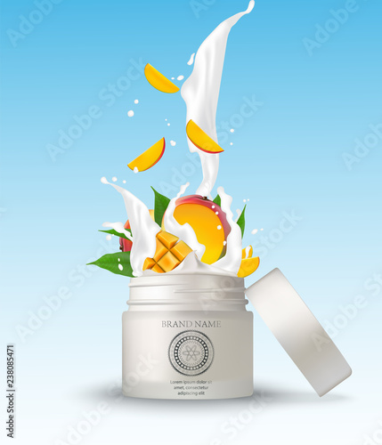 Cosmetic plastic jar with mango cream splashing. Isolated white background  mockup template. 3d cosmetic container for cream, powder or gel. Packaging design element.
