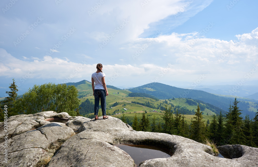Back view of tourist girl standing on the top of huge boulder with big puddle in the middle under beautiful blue cloudy sky, enjoying incredible view of mountains covered with pine forest. Carpathians