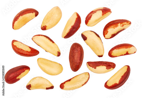 Brazil nuts (Bertholletia excelsa) isolated on a white background, top view.