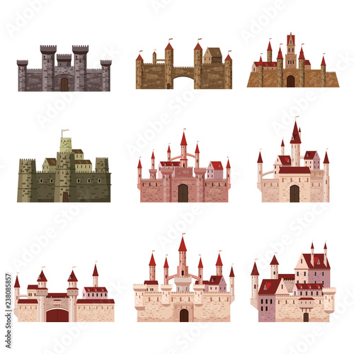 Srt Castles, fortress, ancient, architecture middle ages Europe, Medieval palaces with high towers and conical roofs, vector, banners, isolated, illustration, cartoon style
