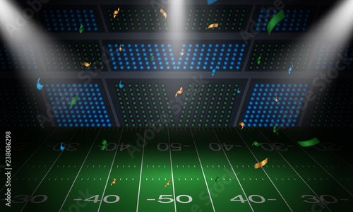Background American football arena field with bright stadium lights design, rugby sport, super bowl, vector illustration