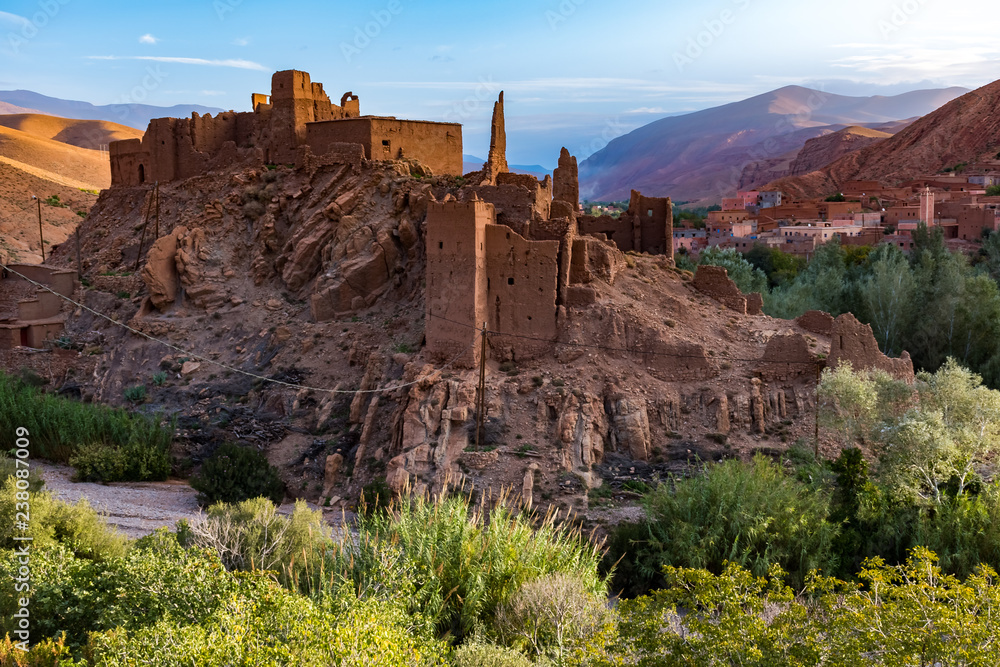 Morocco, Kasbah in the Dades Valley also known as Valley of the Roses. Dades River.