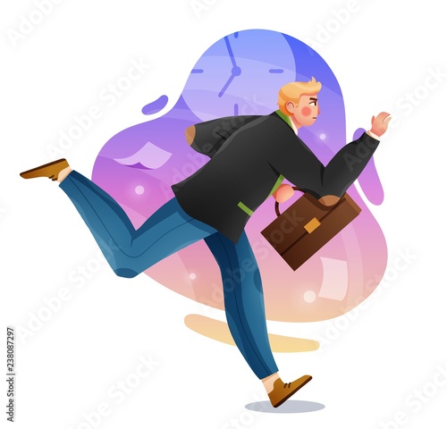 Business man with briefcase running fast. Late business person rushing in a hurry to get on time. Vector illustration