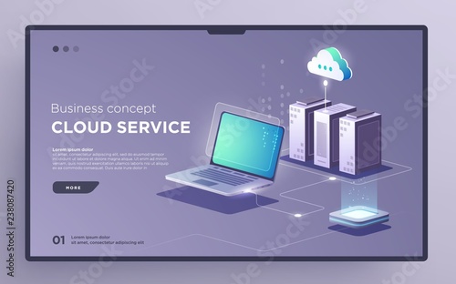 Slide, hero page or digital technology banner. Cloud service business concept. Isometric illustration