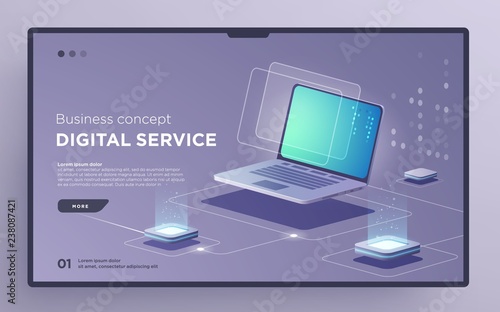 Slide, hero page or digital technology banner. Digital service business concept. Isometric illustration