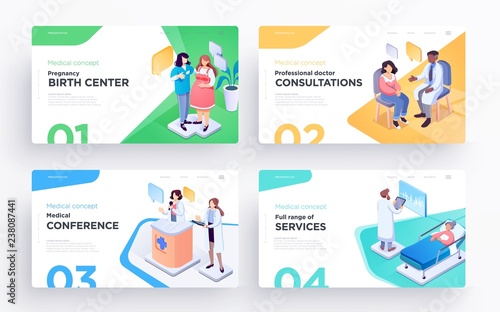 Presentation slide templates or hero banner images for websites, or apps. Medical concept illustrations. Modern isometric style