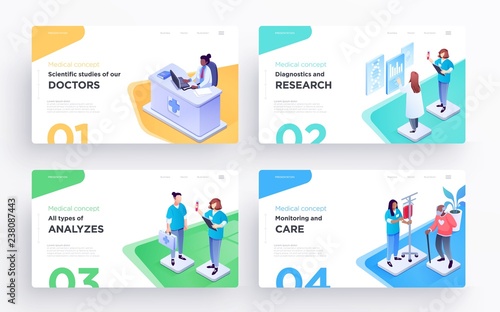 Presentation slide templates or hero banner images for websites, or apps. Medical concept illustrations. Modern isometric style