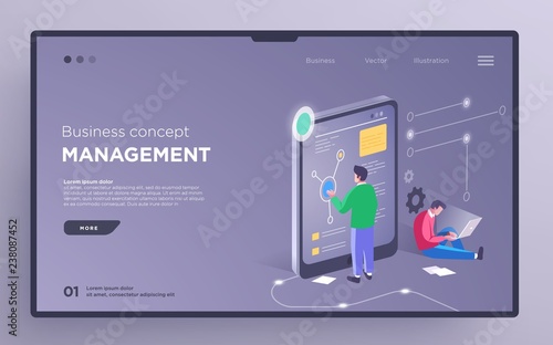 Slide, hero page or digital technology banner. Project management business concept. Isometric illustration