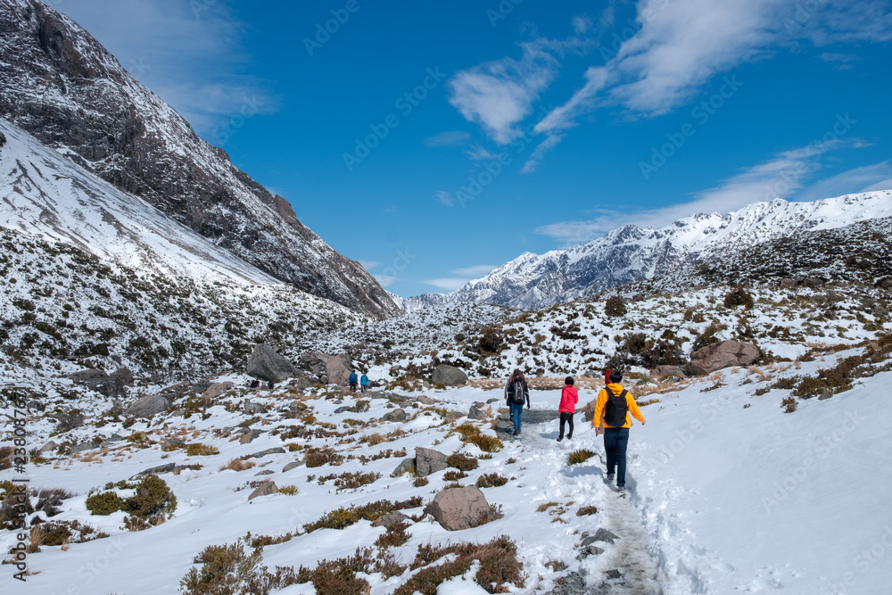 People walking in Hooker Valley Track, Mount Cook National Park after a snowy day.