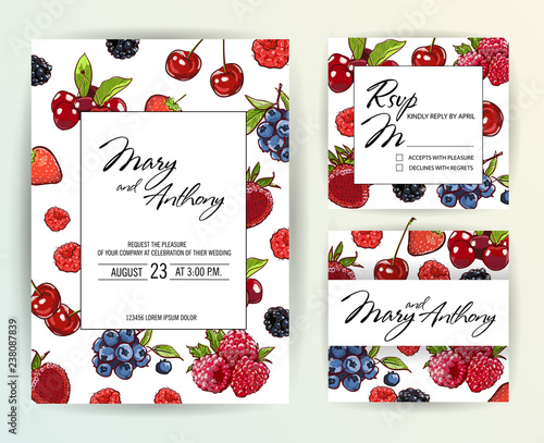 Wedding Invitation, berry invite card Design: Hand drawn colorful marker illustration. Doodle sketch line Raspberry, strawberry, cherry,blueberry on white background frame print. Vector menu, rsvp set