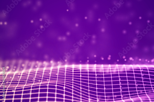 Virtual reality concept: 3D Pink digital wireframe grid with floating particles. Digital landscape or sound waves visualization. Background for data and cyberspace. EPS 10 vector illustration.