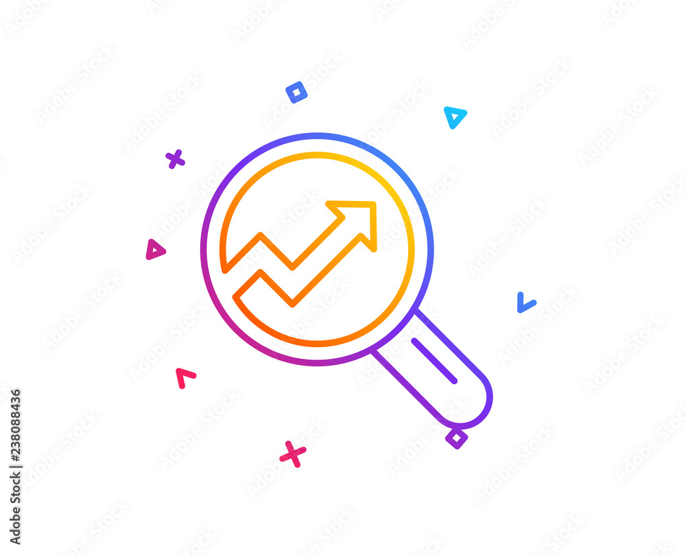 Chart line icon. Report graph or Sales growth sign in Magnifying glass. Analysis and Statistics data symbol. Gradient line button. Analytics icon design. Colorful geometric shapes. Vector Chart line icon. Report graph or Sales growth sign in Magnifying glass. Analysis and Statistics data symbol. Gradient line button. Analytics icon design. Colorful geometric shapes. Vector