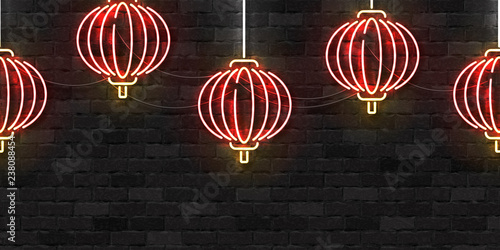 Vector realistic isolated neon sign of Chinese Lantern seamless pattern logo for decoration and covering on the wall background. Concept of Happy Chinese New Year.