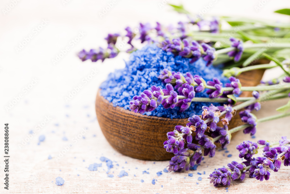 Essential lavender salt with flowers top view. Essential lavender salt with flowers top view.