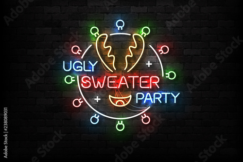 Vector realistic isolated neon sign of Ugly Sweater Party logo for decoration and covering on the wall background. Concept of Merry Christmas and Happy New Year.