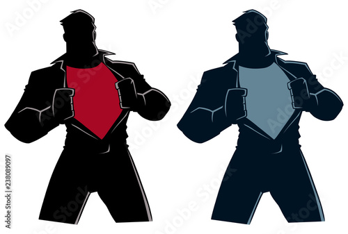 Silhouette illustration of businessman revealing his true identity of powerful superhero.


