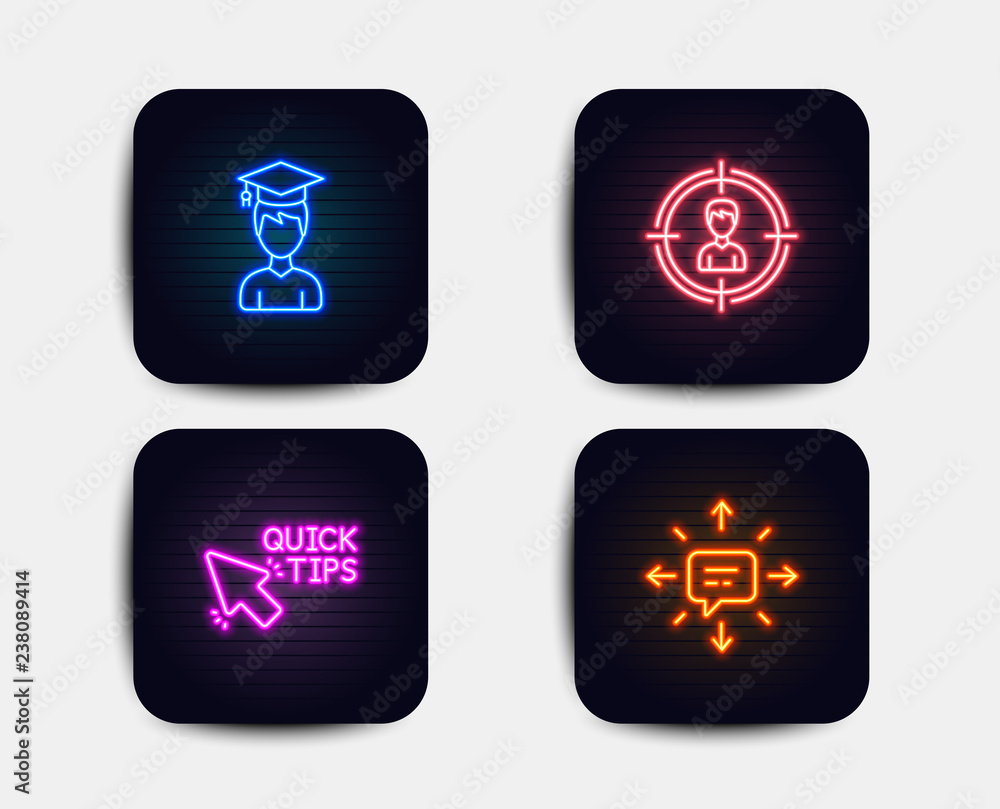 Neon set of Headhunting, Student and Quick tips icons. Sms sign. Person in target, Graduation cap, Helpful tricks. Conversation. Neon icons. Glowing light banners. Vector Neon set of Headhunting, Student and Quick tips icons. Sms sign. Person in target, Graduation cap, Helpful tricks. Conversation. Neon icons. Glowing light banners. Vector