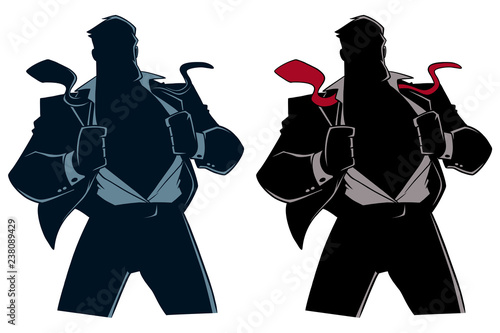 Silhouette illustration of businessman revealing his true identity of powerful superhero.


