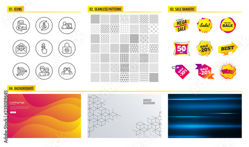 Seamless pattern. Shopping sale banners. Set of Couple, Online education and Web mail icons. Accounting report, Swipe up and Money exchange signs. Target, Password encryption and Give present symbols