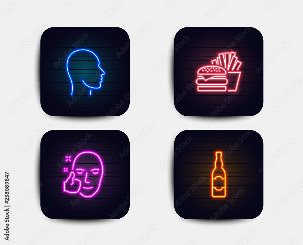 Neon set of Healthy face, Head and Burger icons. Beer bottle sign. Healthy cosmetics, Human profile, Cheeseburger. Craft beer. Neon icons. Glowing light banners. Vector