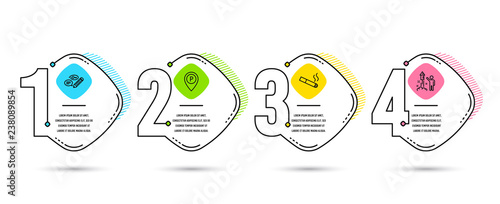 Infographic timeline set of Keywords, Parking and Smoking icons. Fireworks sign. Pencil with key, Park pointer, Cigarette. Party pyrotechnic. Process diagram, workflow layout