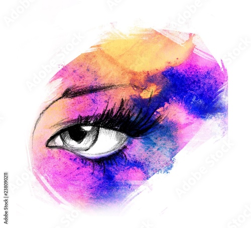 Hand drawn watercolor eyes.  luxurious eye with perfectly shaped eyebrows and full lashes.
