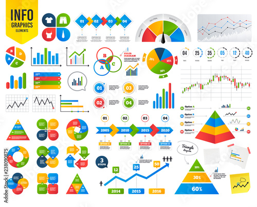 Business infographic template. Clothes icons. T-shirt and bermuda shorts signs. Business tie symbol. Financial chart. Time counter. Vector