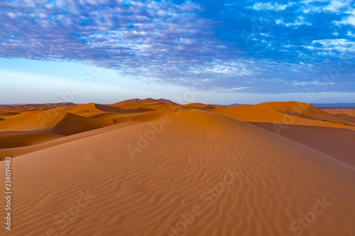 Beautiful colorful sunset in Erg Chebbi Dunes, Sahara Desert, Merzouga, Morocco, Africa
