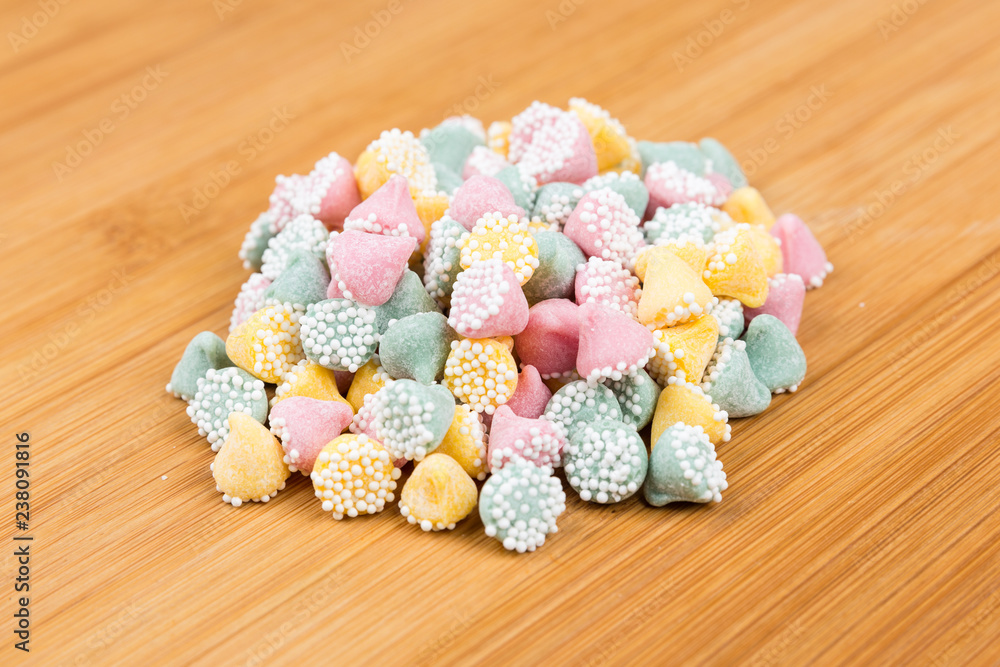Small multicolored drops with sugar ball coating mint candy Small multicolored drops with sugar ball coating mint candy