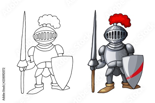 Cartoon medieval knight with shield and spear, isolated on white background