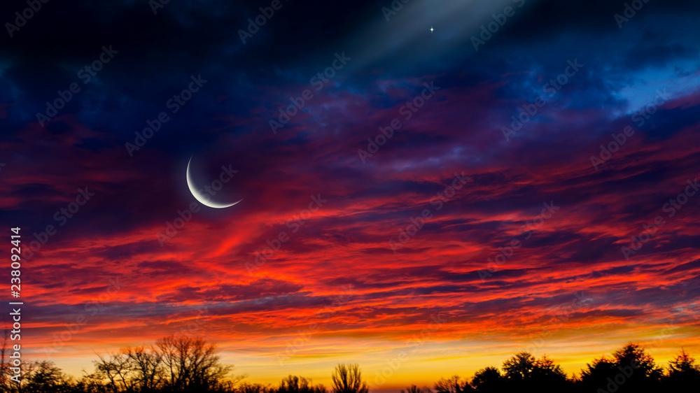 Light from sky . Religion background . The sky at night with stars. New moon . Ramadan background . Prayer time . Dramatic nature background . Arab night . eclipse of the moon